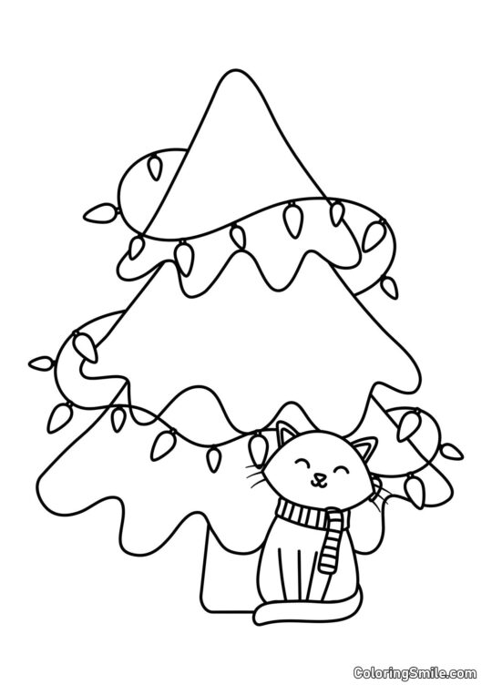 Chat Sous un Sapin de Noël - Page de Coloriage