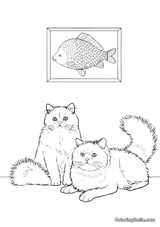 Deux Chats et un Tableau avec des Poissons - Page de Coloriage