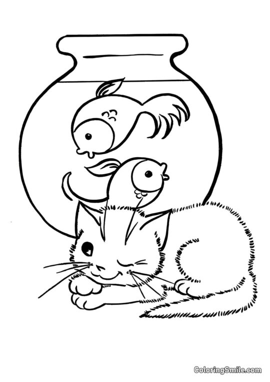 Chat et Poisson - Page de Coloriage