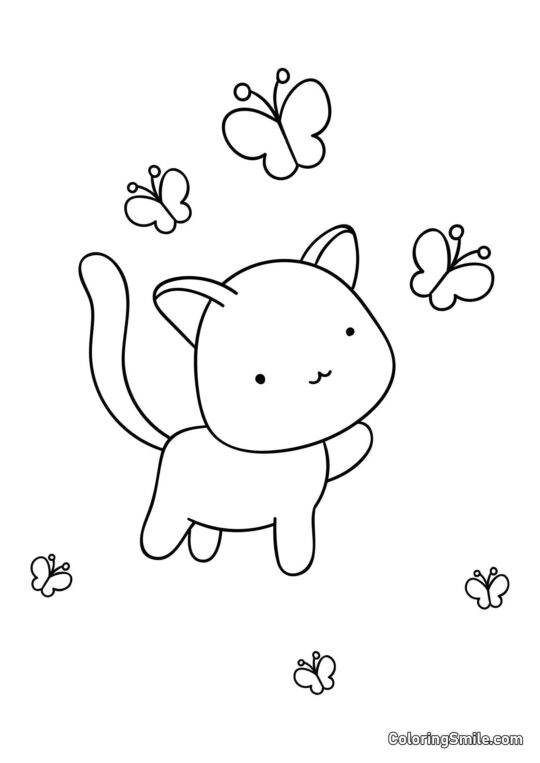 Chaton et Papillons - Page de Coloriage