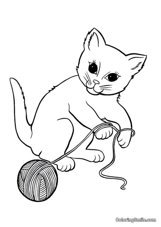 Chat Déroulant une Pelote de Laine - Page de Coloriage