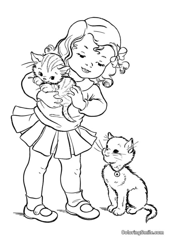 Chaton dans les Bras d&rsquo;une Fille - Page de Coloriage