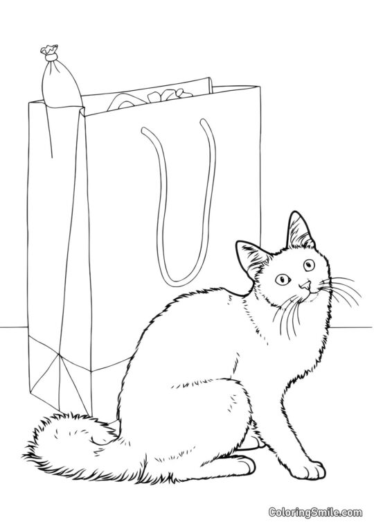 Chat Triant des Achats - Page de Coloriage