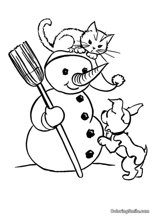 Chat sur la Tête d&rsquo;un Bonhomme de Neige - Page de Coloriage
