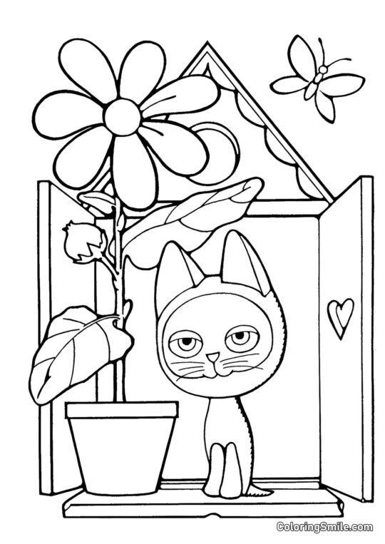 Chat et Marguerite dans un Pot - Page de Coloriage