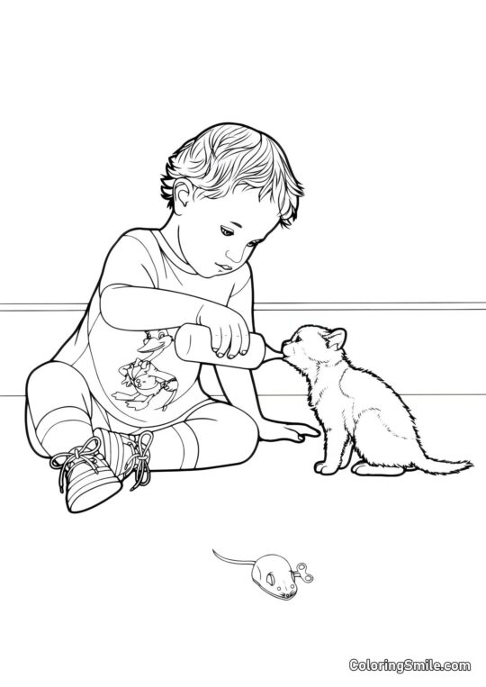 Garçon Nourrissant le Chaton avec du Lait - Page de Coloriage