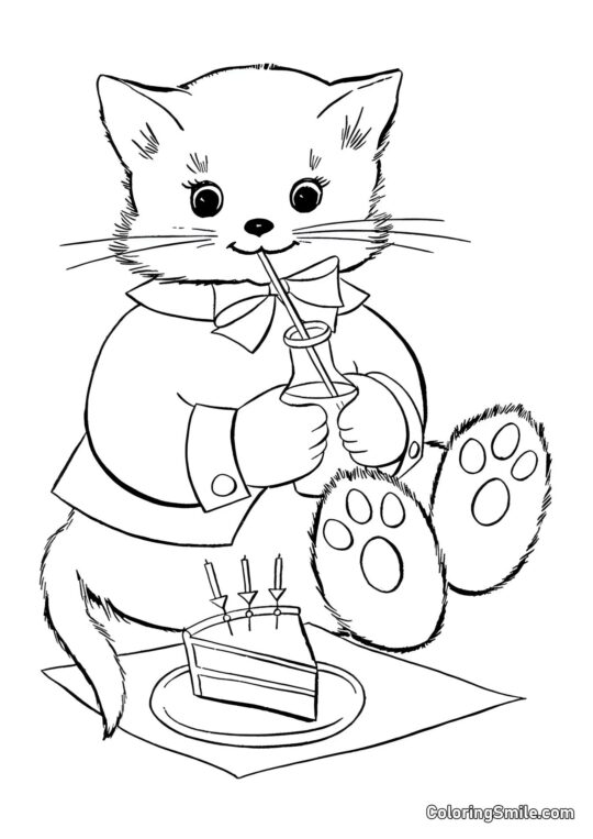 Chat Buvant du Lait et Mangeant du Gâteau - Page de Coloriage
