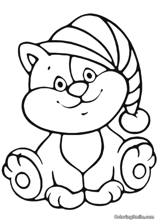 Chaton dans un Chapeau de Noël - Page de Coloriage