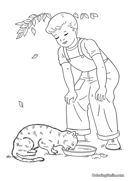 Chat et Garçon - Page de Coloriage