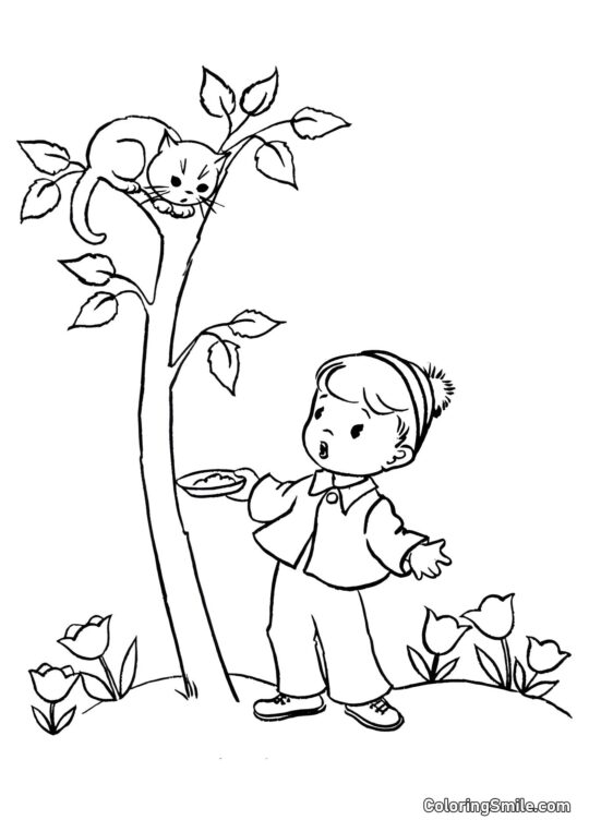 Chat sur un Arbre - Page de Coloriage