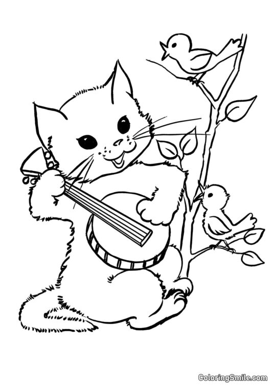 Chat Jouant de la Balalaïka - Page de Coloriage