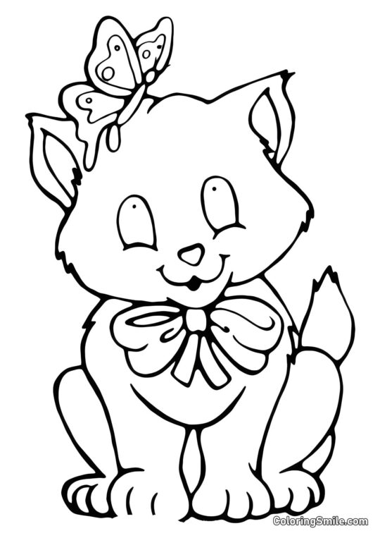 Papillon Atterrissant sur la Tête du Chat - Page de Coloriage