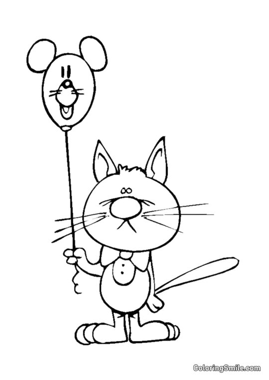 Chat avec Nœud et Ballon - Page de Coloriage