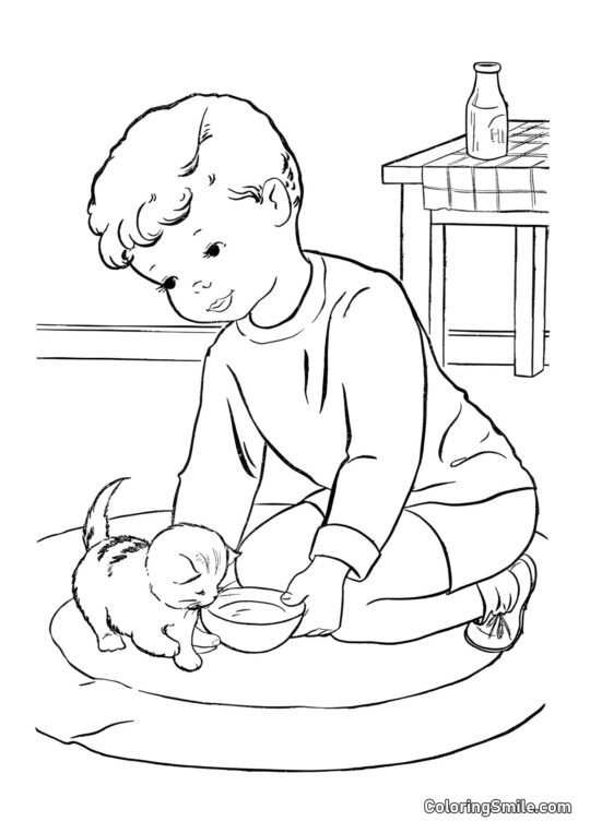 Chaton Recevant du Lait - Page de Coloriage