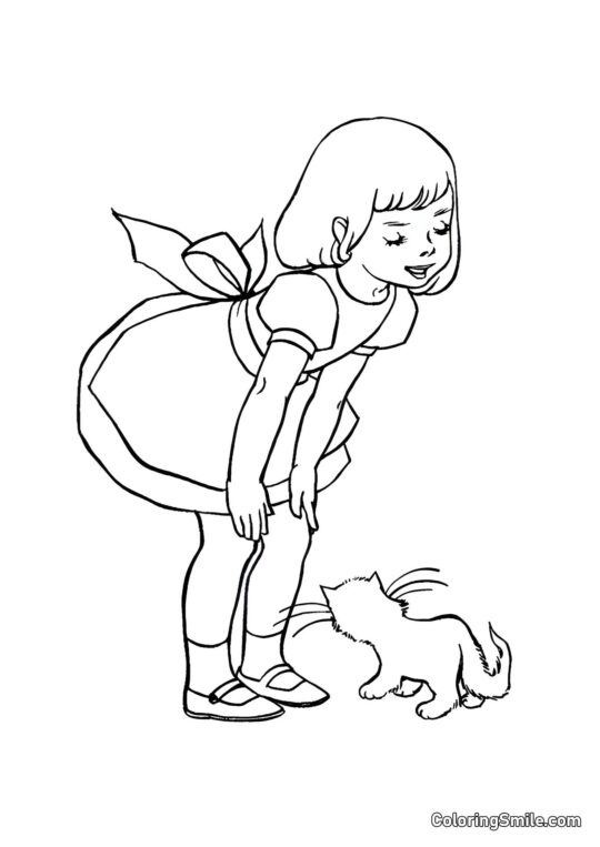 Chat Marchant Près de la Fille - Page de Coloriage