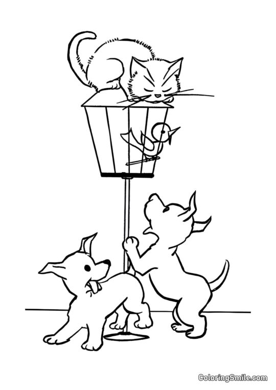 Chat et Chiens Jouant - Page de Coloriage