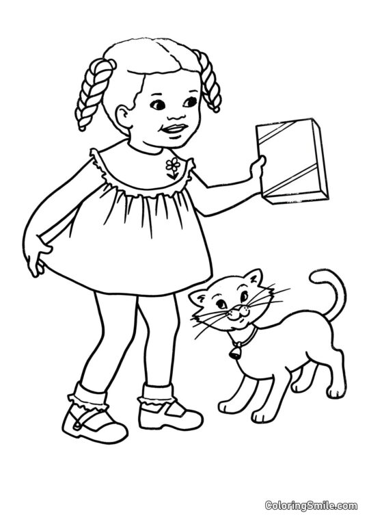 Chat avec Fille - Page de Coloriage