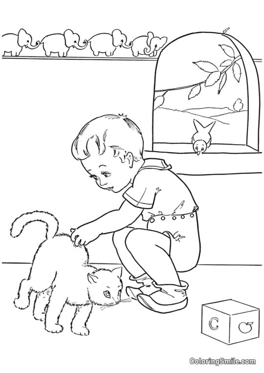 Garçon Caressant un Chat - Page de Coloriage