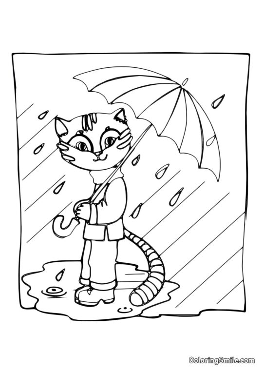 Chat en Bottes Sous un Parapluie - Page de Coloriage
