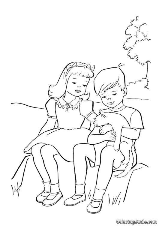 Chat Jouant avec des Enfants - Page de Coloriage