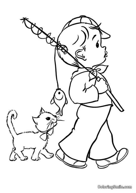 Chat Marchant Derrière un Garçon avec un Poisson sur une Canne - Page de Coloriage