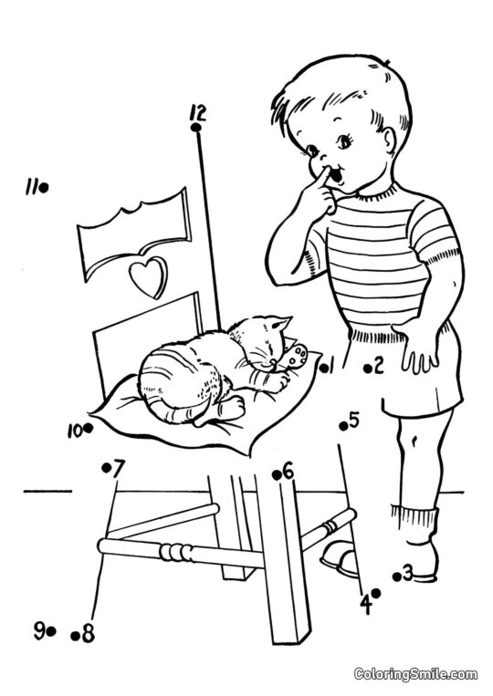 Chat Dormant sur un Coussin – Relie les Points ! - Page de Coloriage