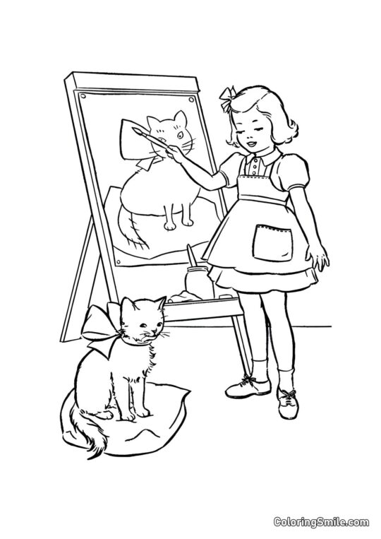 Fille a Dessiné un Chat - Page de Coloriage
