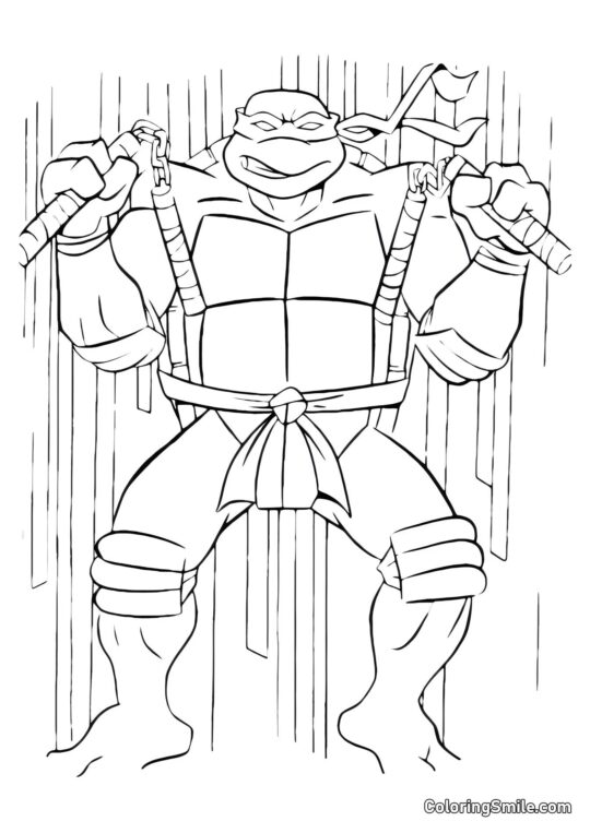 Michelangelo Entraînant avec des Nunchakus - Page de Coloriage