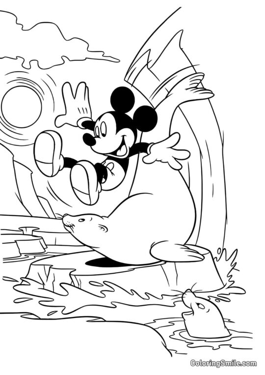 Mickey Mouse montant un phoque Mickey Mouse montant un phoque - Page de Coloriage