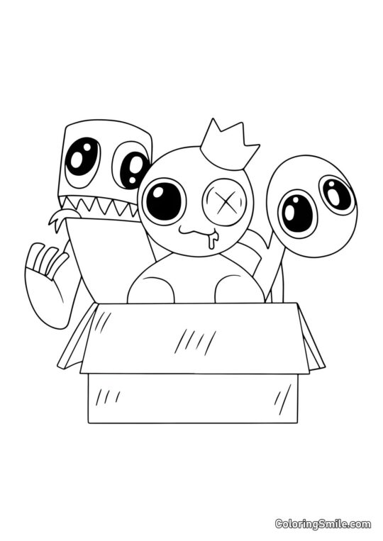 Bleu, Vert et Violet assis dans une boîte Bleu, Vert et Violet assis dans une boîte - Page de Coloriage