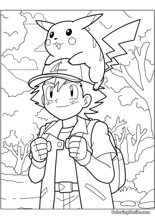 Pikachu avec Ash dans la forêt Pikachu avec Ash dans la forêt - Page de Coloriage