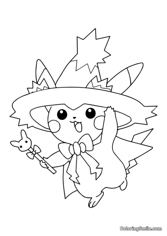 Pikachu en costume de sorcière Pikachu en costume de sorcière - Page de Coloriage