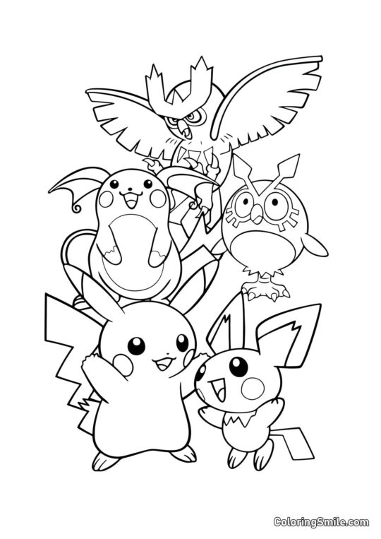 Évolutions de Pikachu et Hoothoot Évolutions de Pikachu et Hoothoot - Page de Coloriage