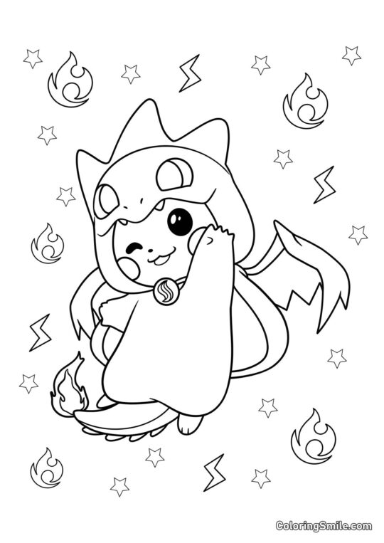 Pikachu en costume de Dracaufeu Pikachu en costume de Dracaufeu - Page de Coloriage