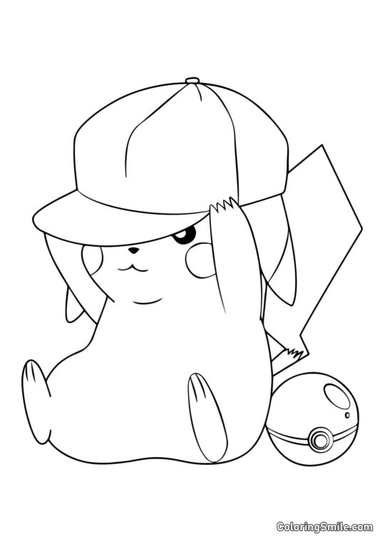 Pikachu avec casquette et Pokéball Pikachu avec casquette et Pokéball - Page de Coloriage