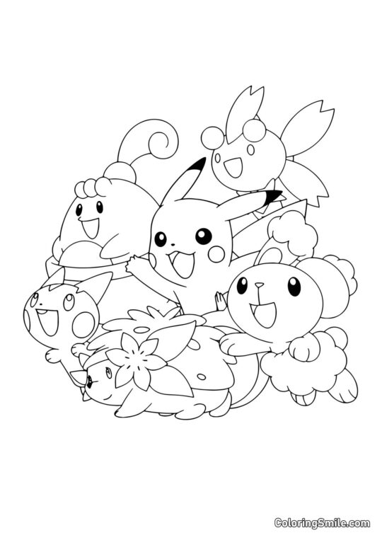 Pikachu avec un tas de Pokémon Pikachu avec un tas de Pokémon - Page de Coloriage