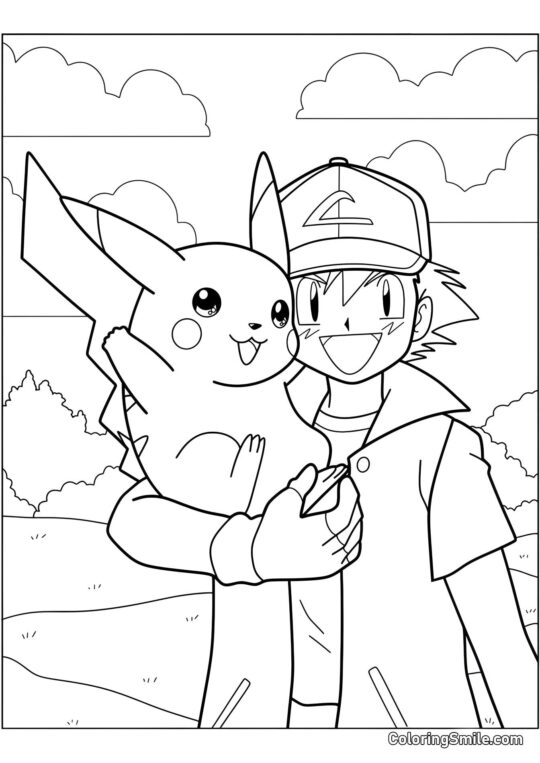 Pikachu dans les bras d’Ash Pikachu dans les bras d’Ash - Page de Coloriage
