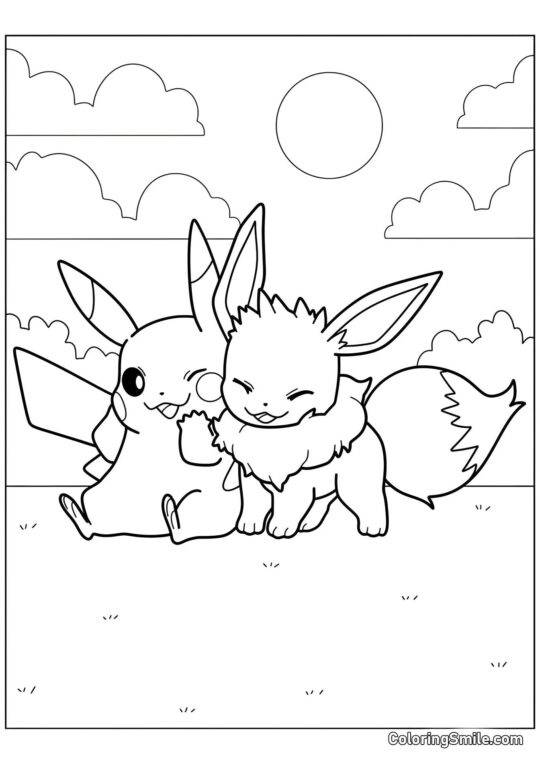 Pikachu sur une clairière avec Eevee Pikachu sur une clairière avec Eevee - Page de Coloriage