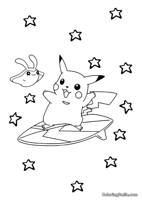 Pikachu sur une planche de surf Pikachu sur une planche de surf - Page de Coloriage