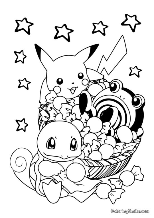 Pikachu et Bulbizarre mangeant des bonbons Pikachu et Bulbizarre mangeant des bonbons - Page de Coloriage