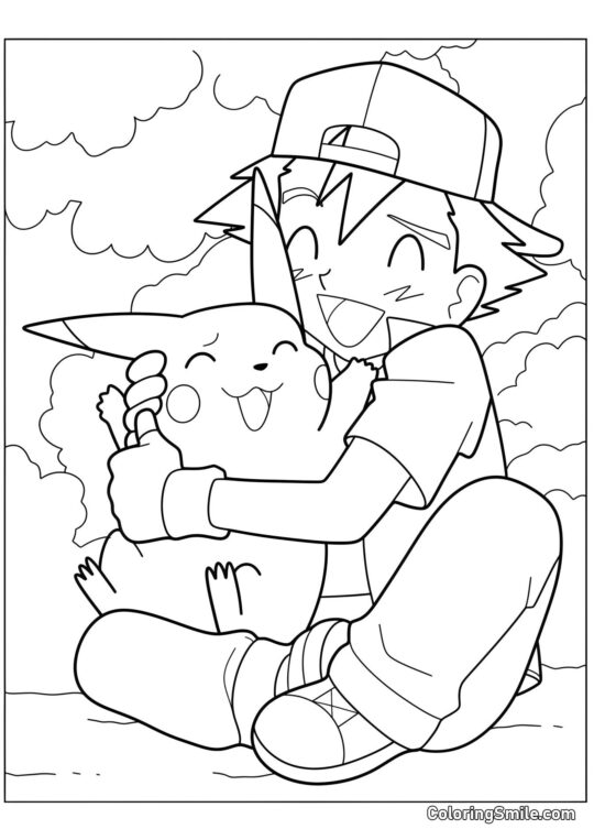 Ash et Pikachu s’enlaçant Ash et Pikachu s’enlaçant - Page de Coloriage