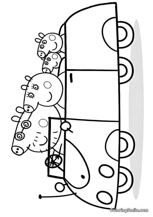 Peppa avec la Famille dans la Voiture - Page de Coloriage