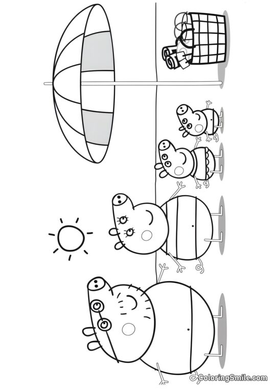 Peppa avec la Famille à la Plage - Page de Coloriage