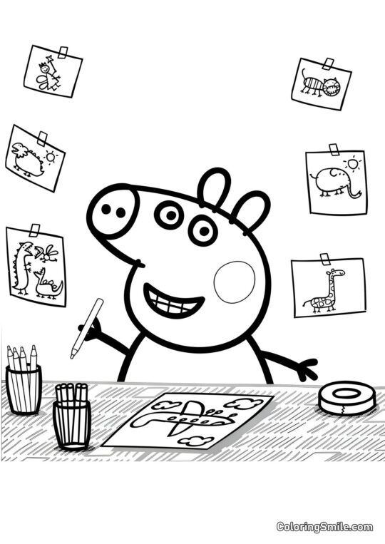 Peppa en Train de Dessiner - Page de Coloriage
