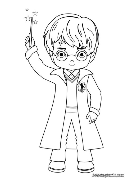 Harry Potter en Cartoon avec une baguette magique - Page de Coloriage