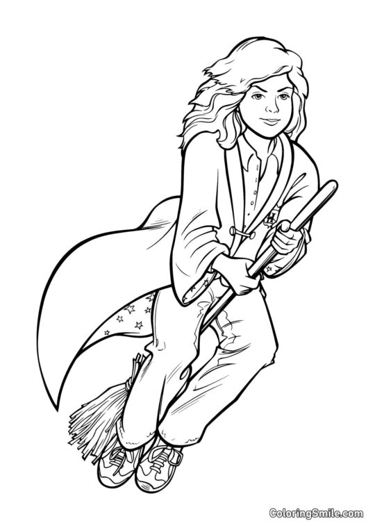 Hermione en Cartoon sur un balai - Page de Coloriage