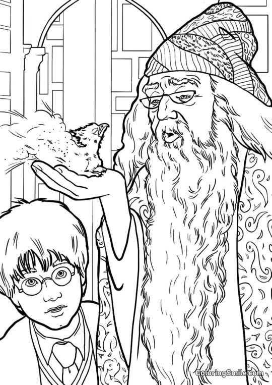 Dumbledore montrant à Harry le Phénix - Page de Coloriage