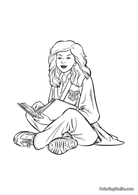 Hermione Granger en Cartoon lisant un livre - Page de Coloriage