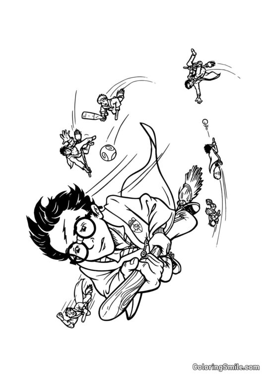 Harry en Cartoon jouant au Quidditch - Page de Coloriage