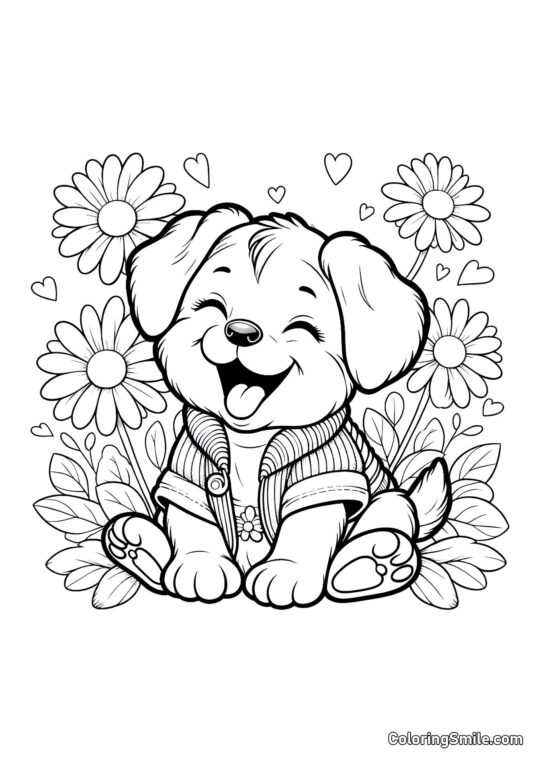 Chiot riant parmi les marguerites - Page de Coloriage